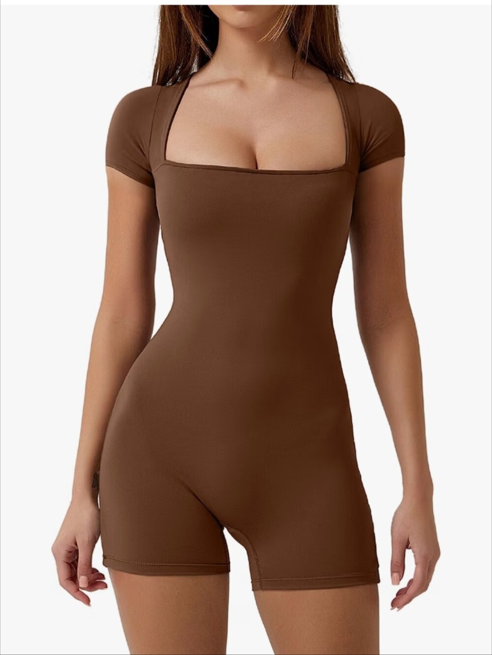QINSEN Short Sleeve Bodycon Romper Stretchy Square Neck Sexy Unitard Jumsuit 4
